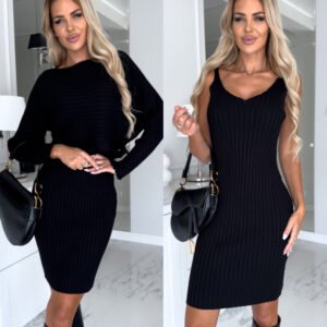 2pcs Suit Women's Solid Stripe Long-sleeved Top And Tight Suspender Skirt Fashion Autumn Winter Slim Clothing