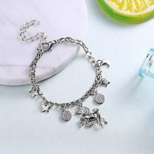 Trendy Alloy Silver Gold Color Unicorn Charms Bracelet With Moon Star Charms Cute Anime Bracelet For Woman Girls Gift